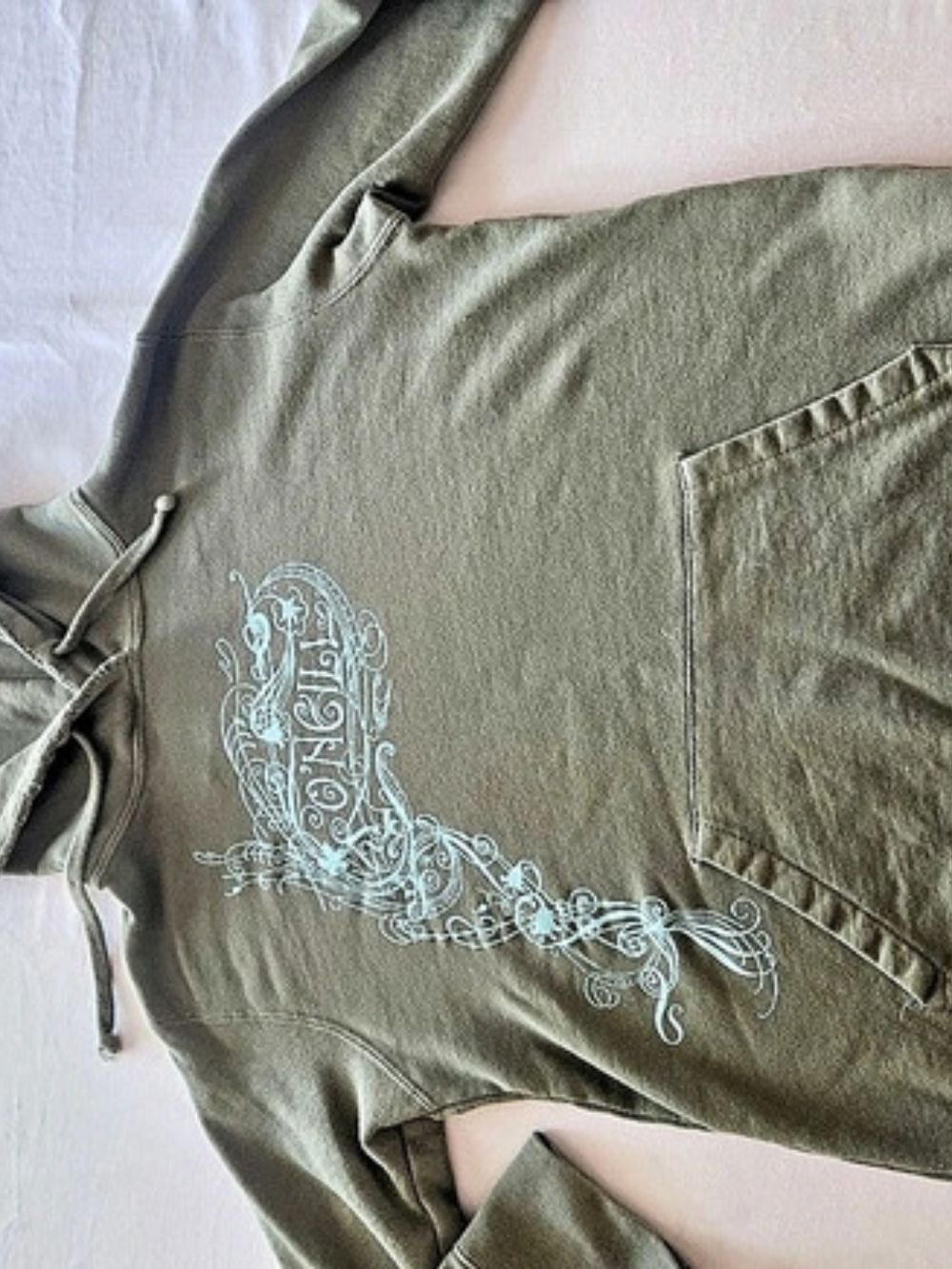 Y2K O'Neill Distressed Style Olive With Teal Blue Ornate Font Hoodie Size Large